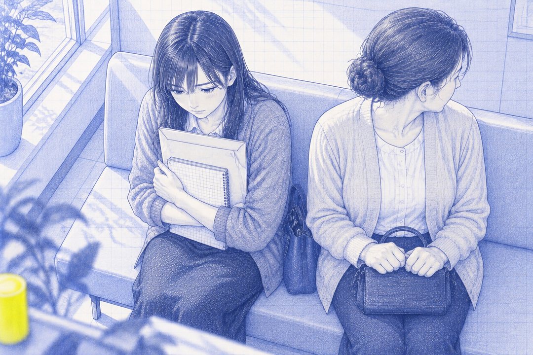 白い朝の光の、病院の待合室を少し高い所から。長椅子の左で、七瀬がメモ帳と大きな封筒を胸に抱えてうつむく。右隣に、髪を低くまとめた中年の女の人が、バッグを両手でひざに持って座り、七瀬とは反対の方へ顔を向けている。