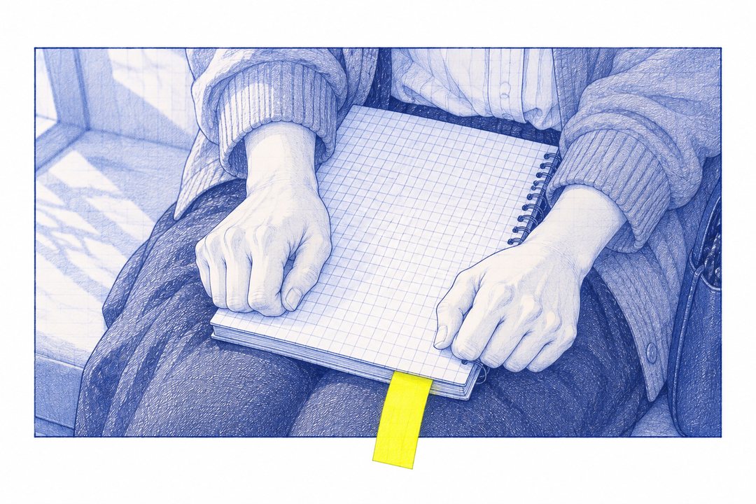 七瀬の手の寄り。ひざの上で方眼のメモ帳を両手で強く押さえ、ページの端から黄色い付箋が1枚だけ出ている。