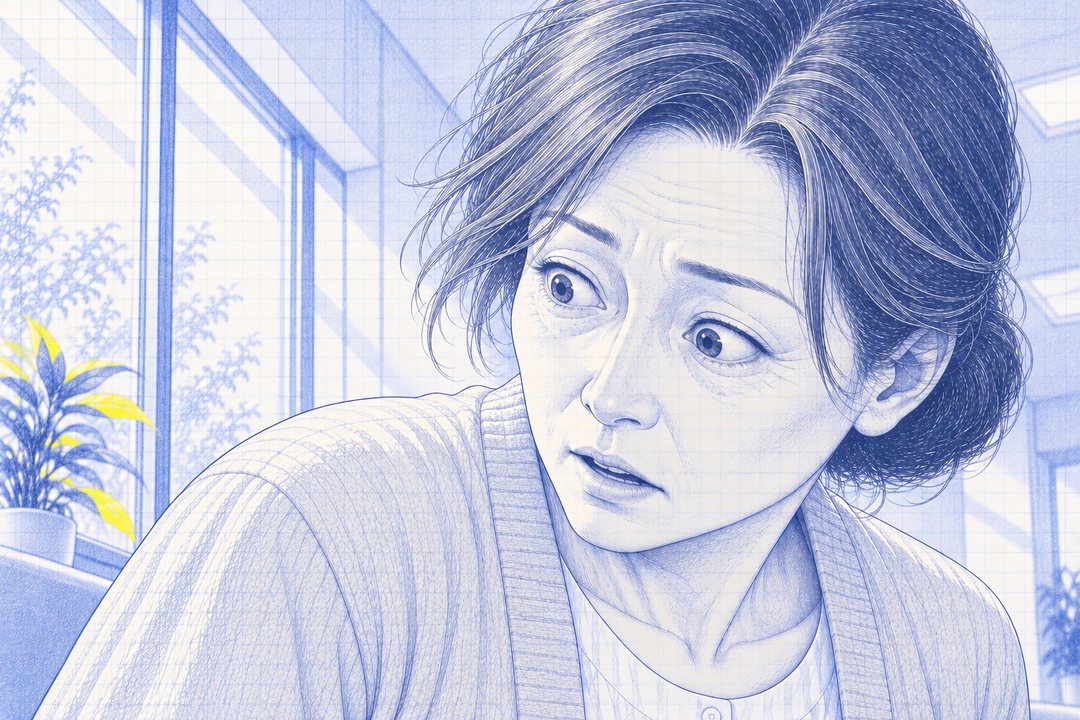 振り向いた女の人の顔の寄り。40代半ばで、目じりに小じわ。七瀬の顔を見て、目を見開いている。