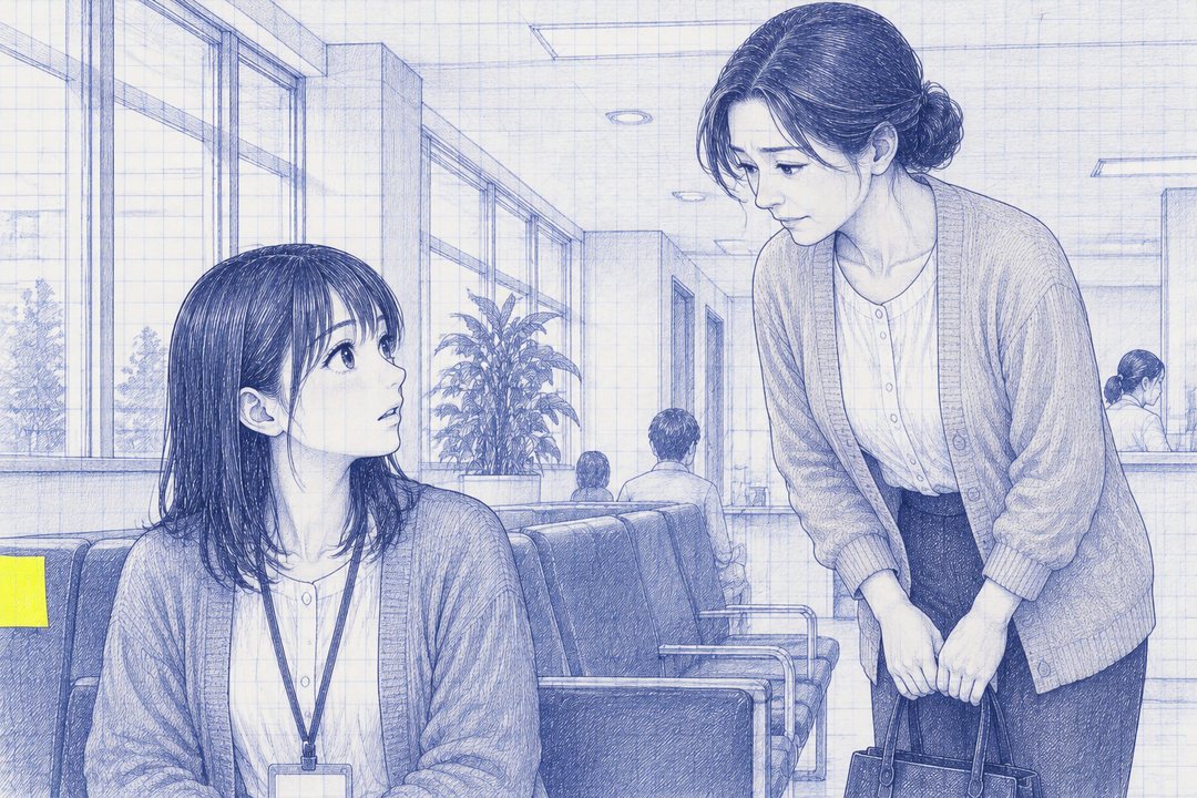 病院の待合室。左で、長椅子に座ったままの七瀬が見上げる。右で、立ち上がった中年の女の人が、バッグを両手で前に持ち、身をかがめて七瀬に会釈している。