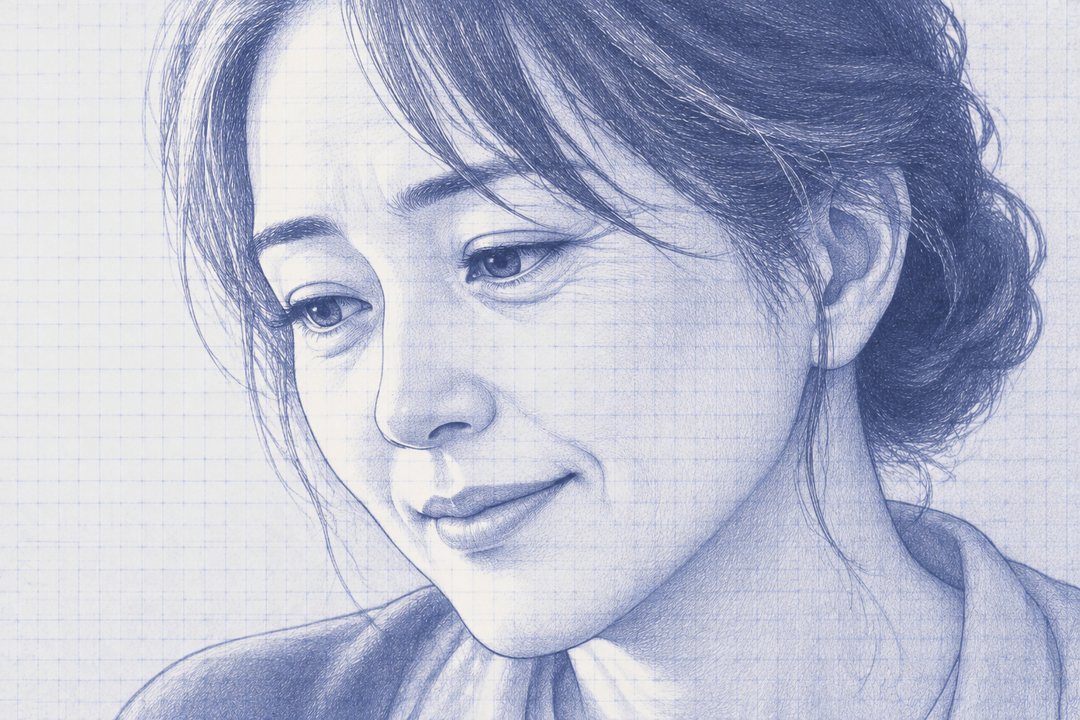 昌枝の顔の寄り。目を伏せて、少しだけ笑っている。