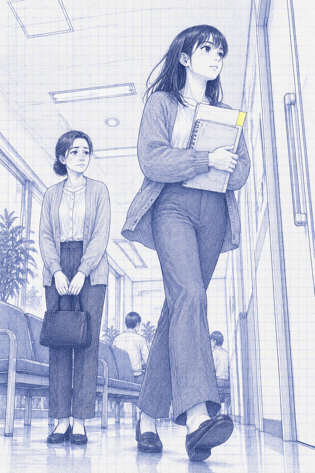 低い所から。メモ帳と封筒を抱えて診察室の方へ歩き出す七瀬。後ろの長椅子の前で、昌枝が見送っている。