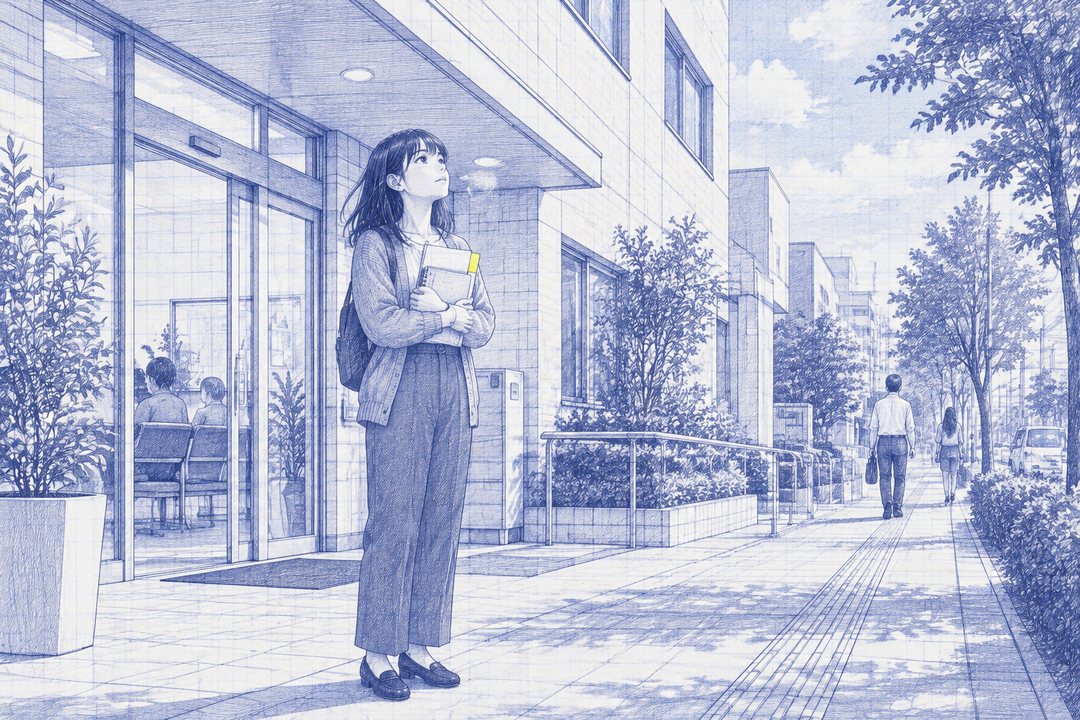 昼前の白い光の、病院の外の歩道を引いて。メモ帳を胸に当てた七瀬が、立ち止まって長く息をつく。