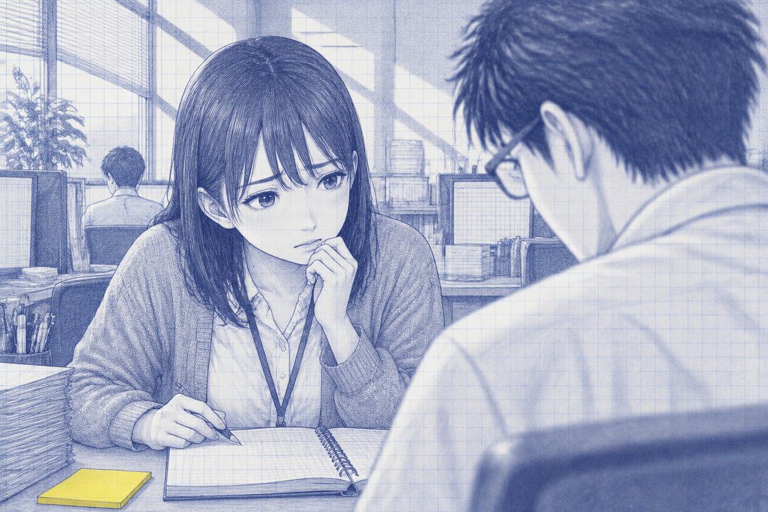 沖の肩ごしに、隣の席の七瀬。指をあごに当て、不安な顔で沖を見て、小声で話しかけている。七瀬の手元に、開いた方眼のメモ帳とペン。