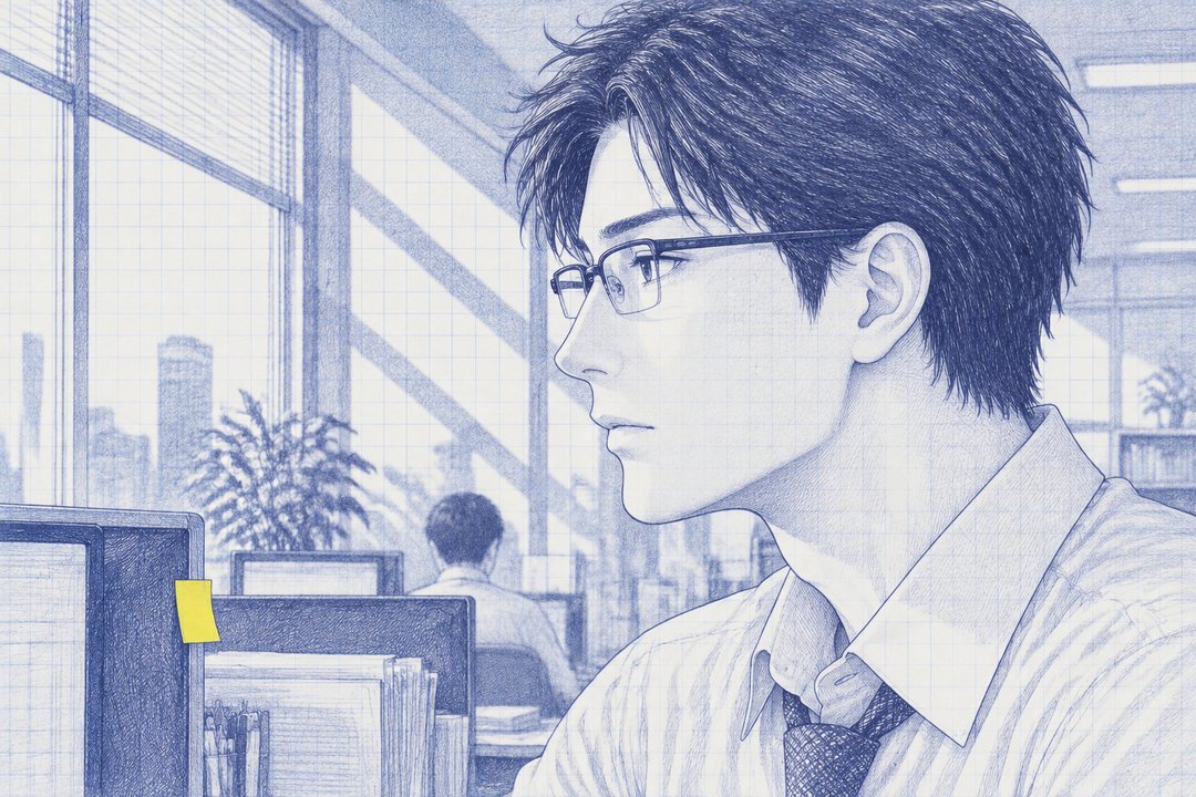 沖の横顔の寄り。眼鏡の奥の目が、窓の外へそれる。