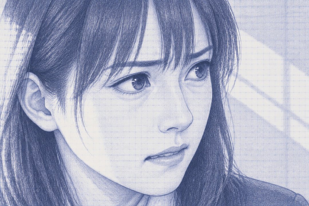 七瀬の顔の寄り。メモ帳の表から顔を上げ、不安で下くちびるをかんでいる。