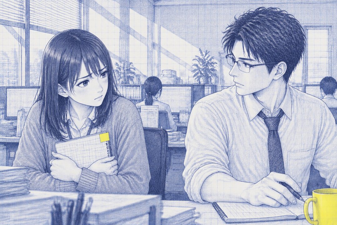同じ課の島。右の沖がペンを持ったまま、七瀬の方へ顔を向ける。左で七瀬がメモ帳を胸に抱えている。