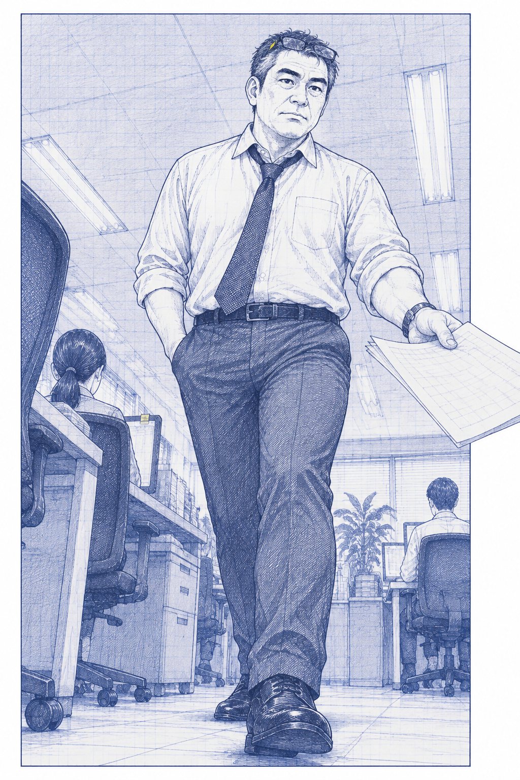 低い所から見上げた課長。刷り上がりの見本の紙を手に、大股で七瀬の席へ歩いてくる。