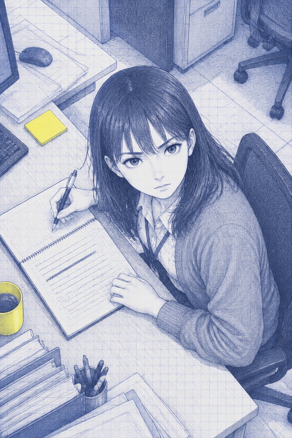 自分の席で振り向いた七瀬。手元の方眼のメモ帳の1行に、線が引いてある。落ち着いた目で課長を見上げる。