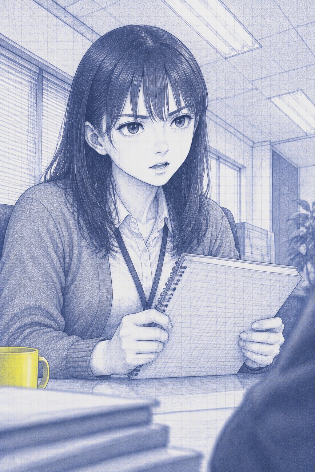 少し下から見た七瀬。背筋を伸ばし、開いたメモ帳を手に、課長をまっすぐ見て話している。