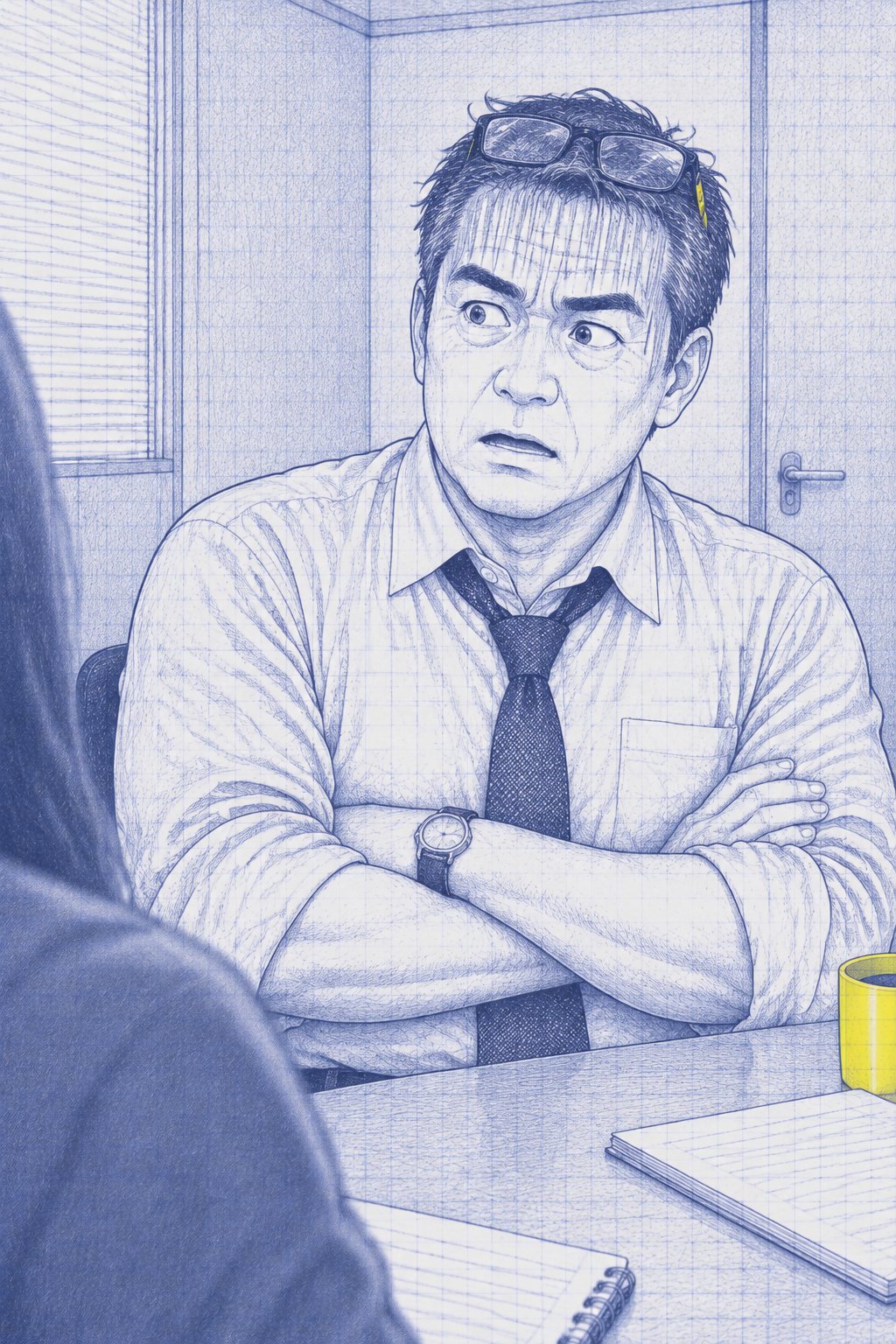 同じ時の課長。腕を組んだまま、目だけを見開き、顔に驚きの縦線。