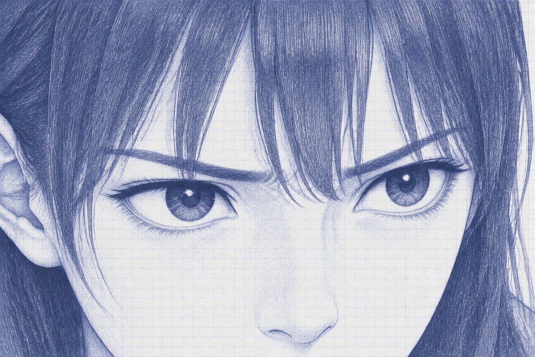 七瀬の目の大写し。まばたきをせず、課長を見ている。