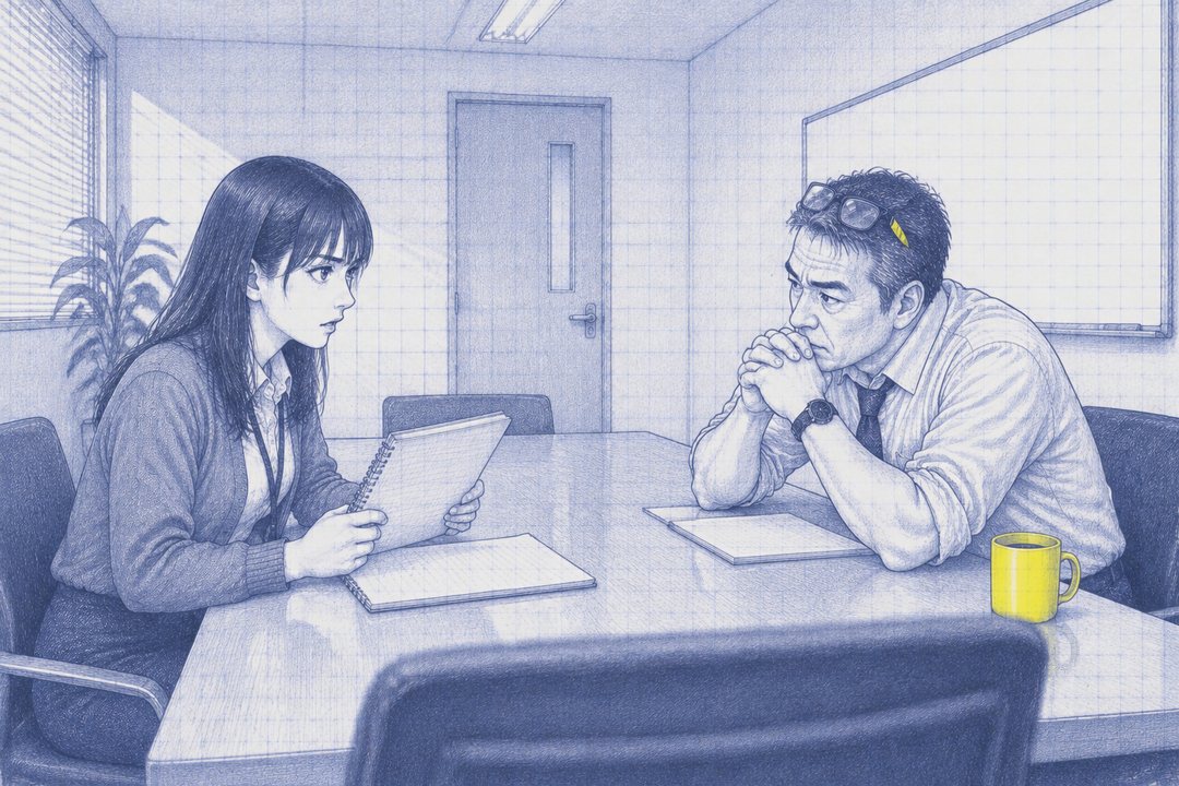 小さな会議室を引いて。長机をはさんで、右の課長が両ひじをつき、組んだ手を口元に当てて身を乗り出している。左の七瀬は、背筋を伸ばしてメモ帳を手に話している。