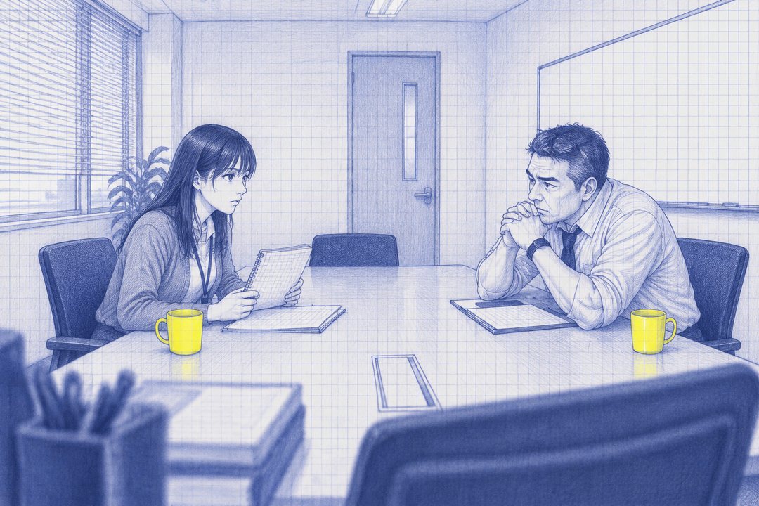 小さな会議室を引いて。長机をはさんで、右の課長が両ひじをつき、組んだ手を口元に当てて身を乗り出している。左の七瀬が、メモ帳を両手で持ち、背筋を伸ばす。後ろにドアとホワイトボード、窓のブラインド。