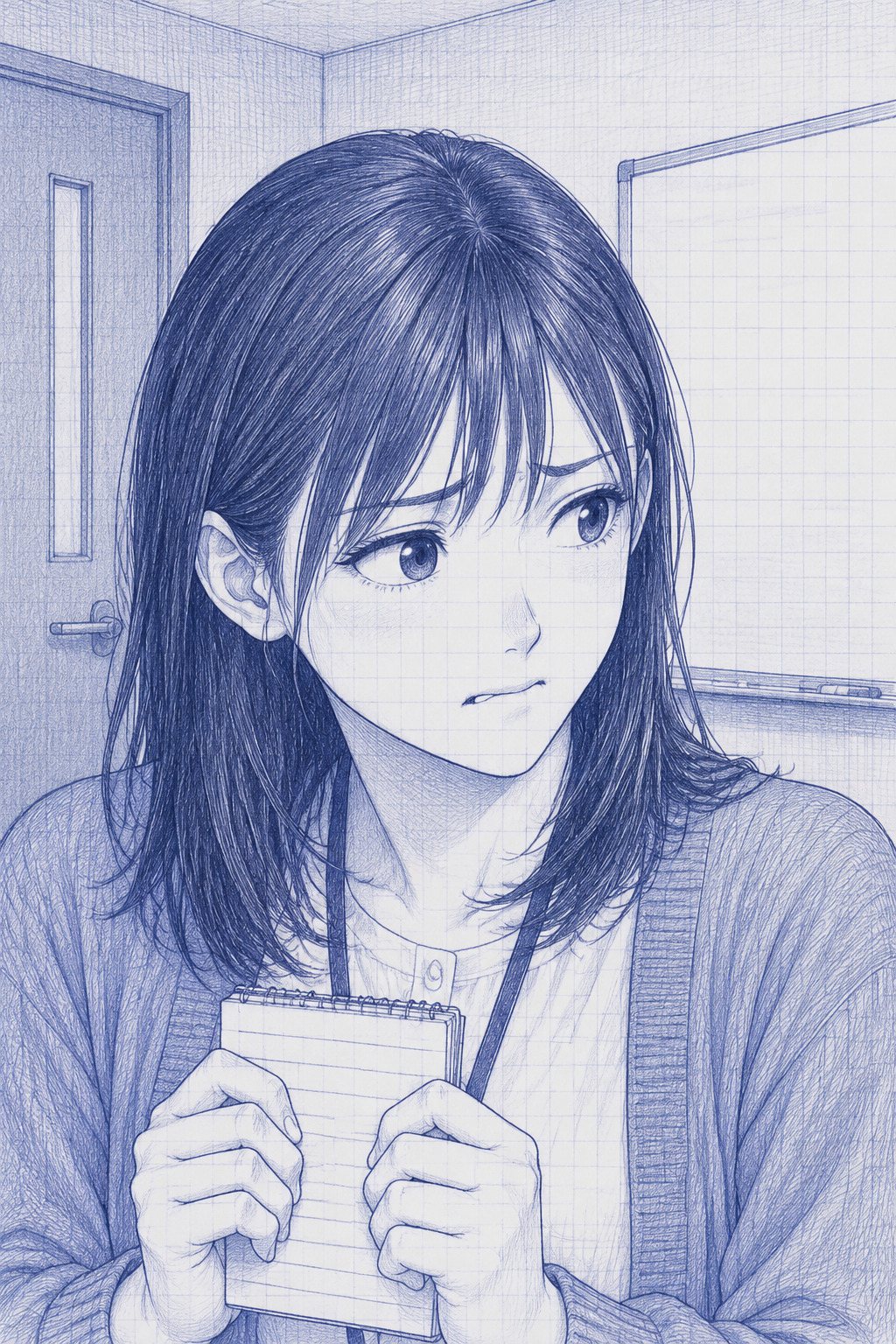 七瀬の顔の寄り。メモ帳を両手で持ち、不安そうに課長の方を見る。後ろにドアとホワイトボード。
