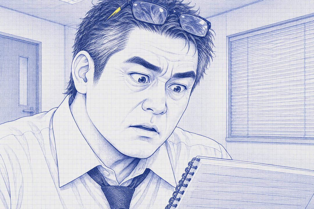 課長の顔の寄り。太い眉を上げ、拍子抜けした顔で、メモ帳を見下ろす。額に老眼鏡。