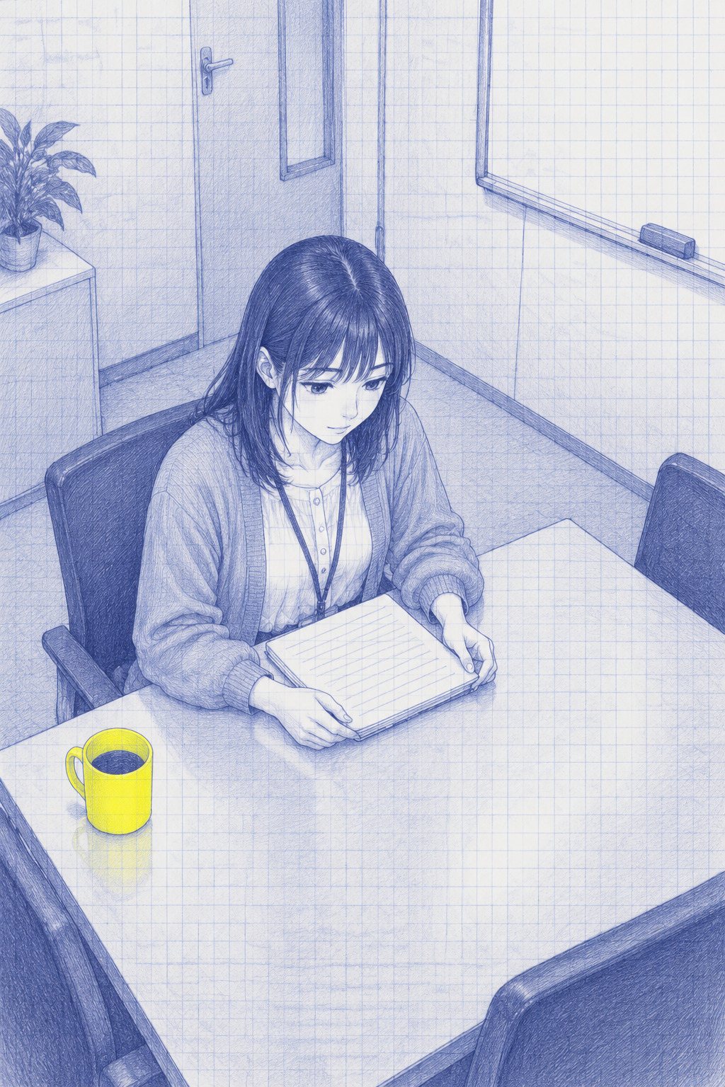 少し上から七瀬。会議室の長机で、肩の力が抜け、手元のメモ帳に目を落とす。