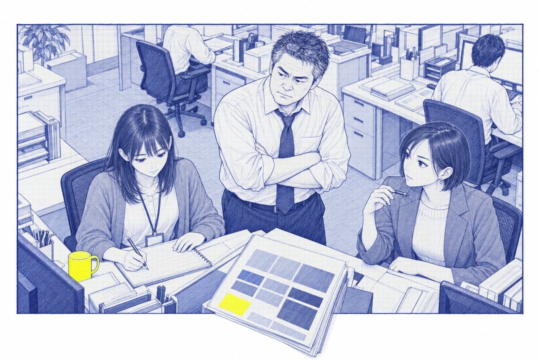 営業部の机の島を少し高い所から。課長が色見本の紙の束を七瀬の机に置き、腕を組んで立ったまま待っている。七瀬は方眼のメモ帳に書いている。向かいの席から、ショートボブの若い女の営業が顔を上げて2人を見る。