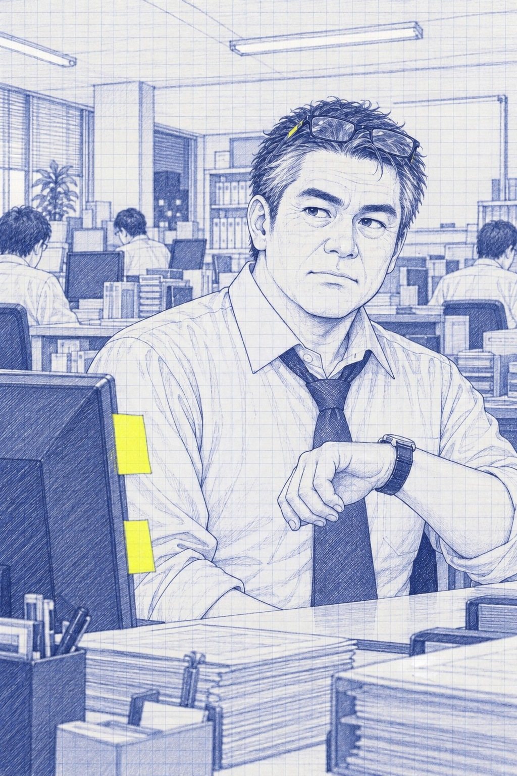 課長の胸から上。腕時計を見ながら黙って待っている。