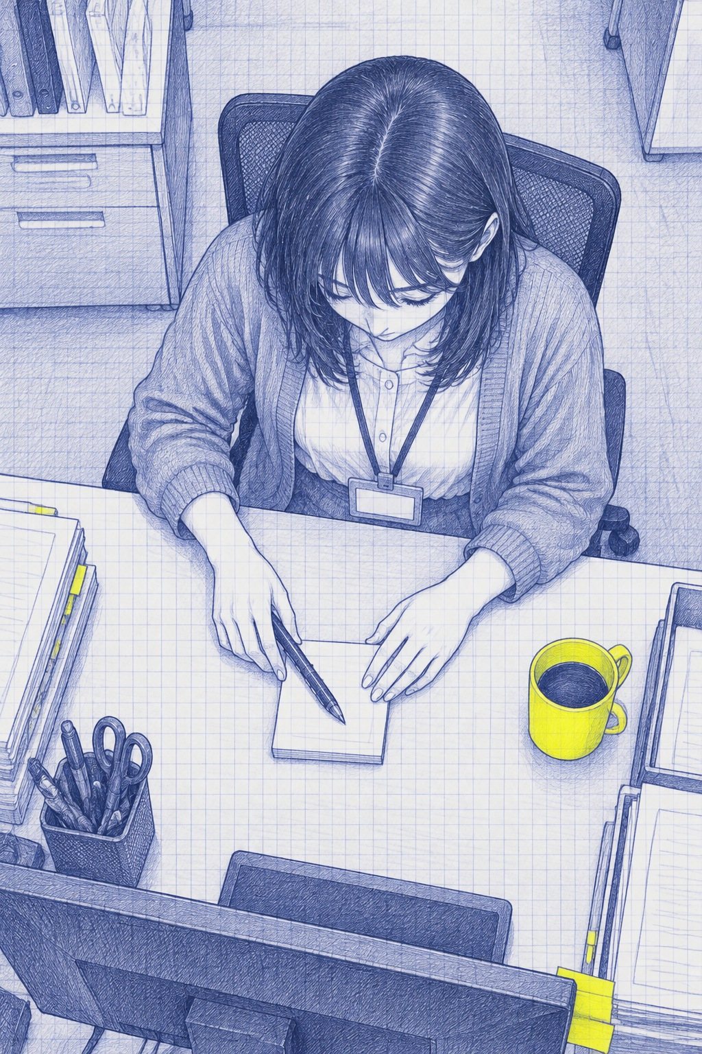 上から七瀬と机。うつむいて、小さなメモ帳にペンを当てている。字は読めない。