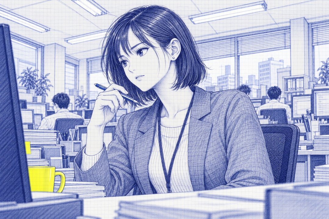 向かいの席の若い女の営業の寄り。ペンを指に持ち、少し首をかしげて七瀬を見る。笑ってはいない。窓の外は昼の街。