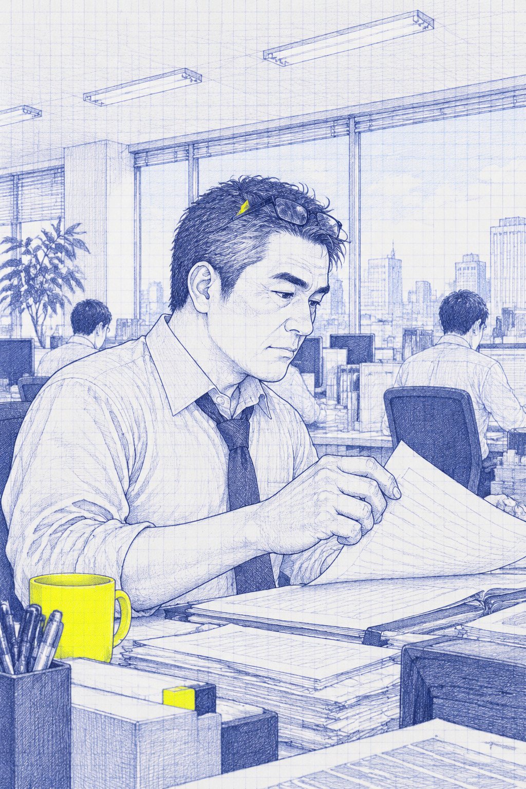 課長を少し下から横向きで。向かいの声に顔を上げず、書類をめくる。窓の外は昼の街。