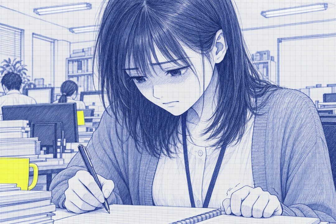 七瀬の顔の寄り。メモ帳のペンを持ったまま、顔から血の気が引き、目を伏せる。