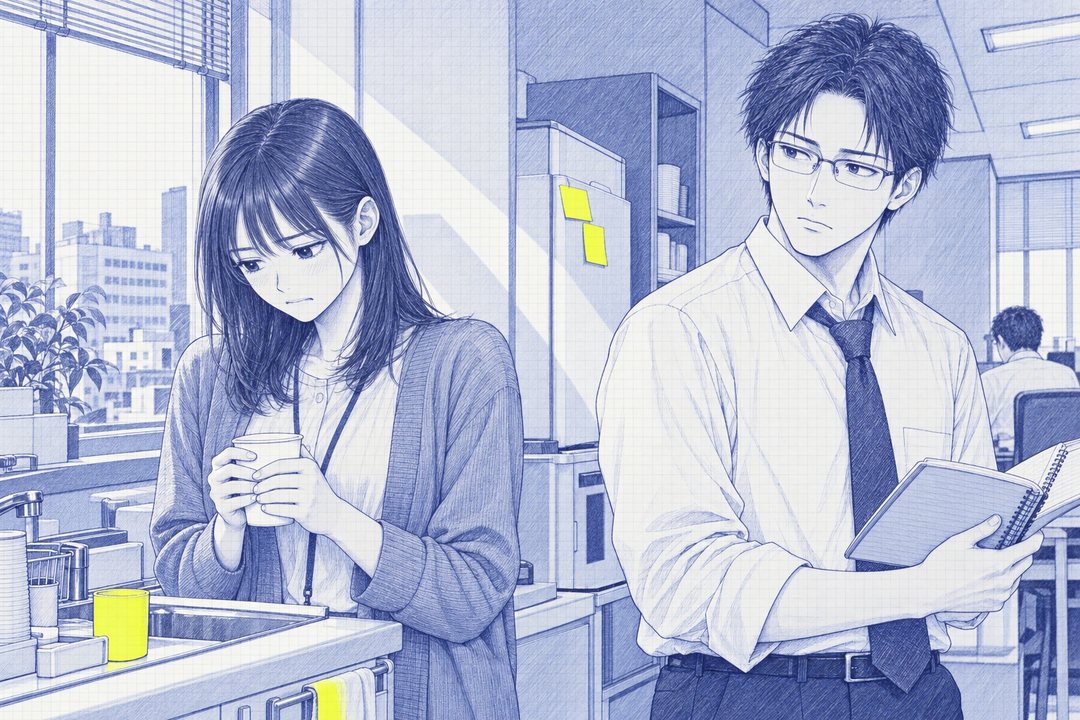 給湯室。流し台の前で、七瀬が紙コップを両手で包んでうつむく。隣で沖が、方眼のメモ帳を開いたまま、ゆっくり七瀬の方へ顔を向ける。窓から昼の白い光。