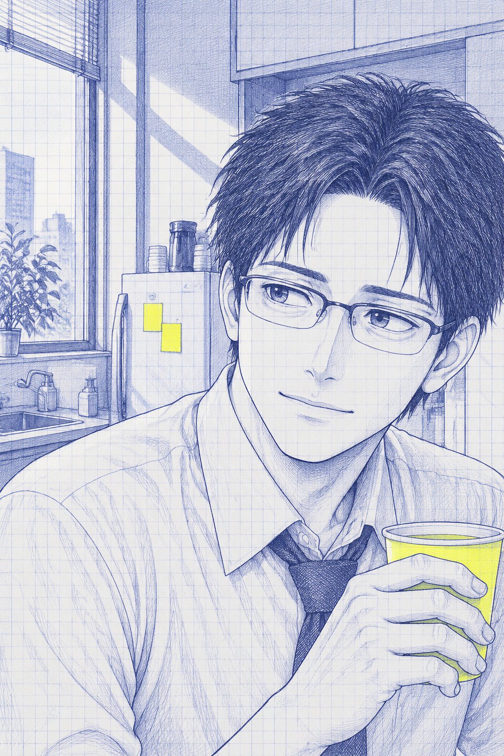 給湯室。沖の顔の寄り。眼鏡の奥で少し考え、紙コップを持ったまま七瀬を見る。