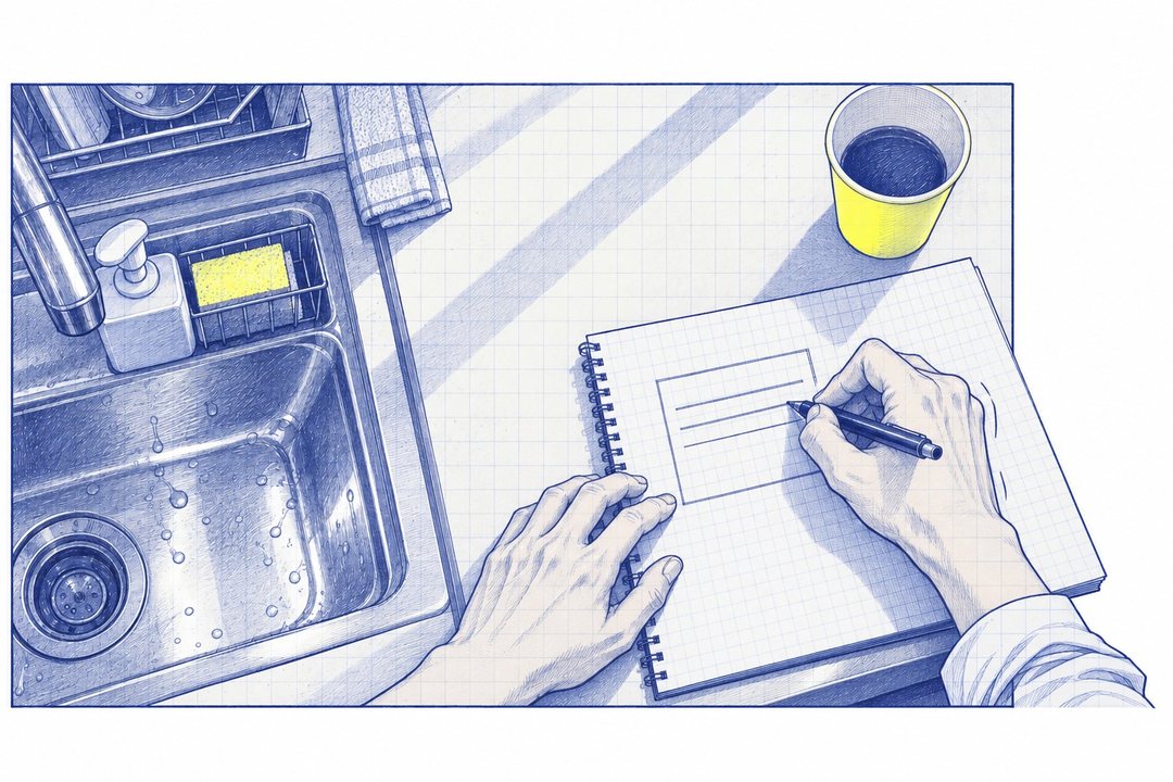 真上から見た流し台の縁。沖の手が、方眼のメモ帳に四角い枠を描き、短い行を書いていく(字は読めない線)。横に七瀬の紙コップ。