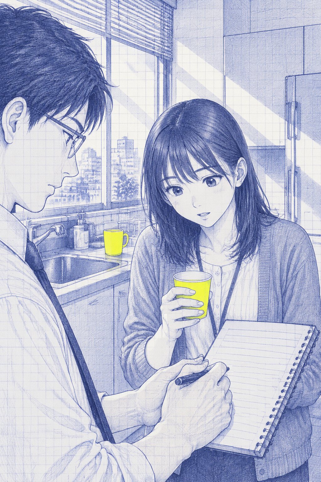 給湯室の流し台の前。紙コップを持った七瀬が、手前の沖のメモ帳をのぞき込む。