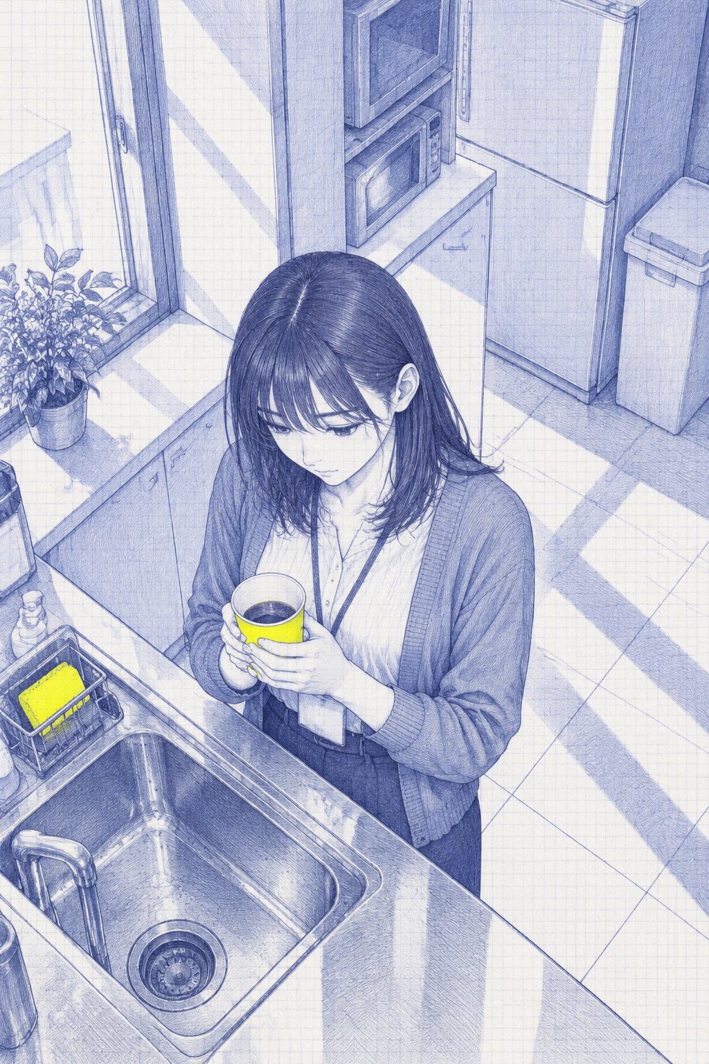 少し上から七瀬。給湯室の流し台の前に立ち、紙コップの中を見てうつむく。