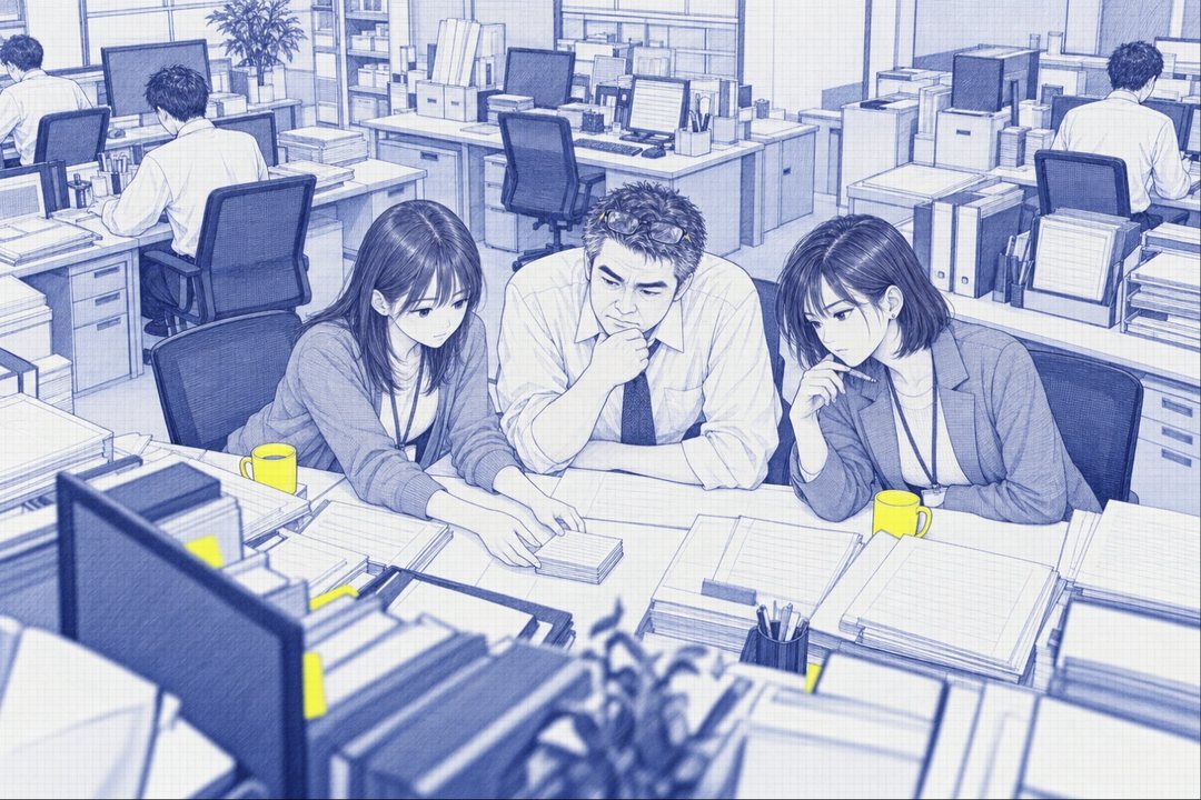 夕方の営業部の島。七瀬が、方眼の紙を切って作った小さな依頼の紙の束を、島の真ん中に置く。課長と向かいの江波が、身を乗り出してのぞく。