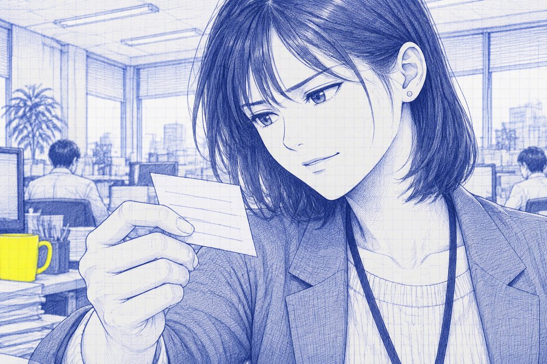 江波の顔の寄り。白い紙を1枚つまんで見る。眉を寄せたまま、口の端だけ少し上がる。