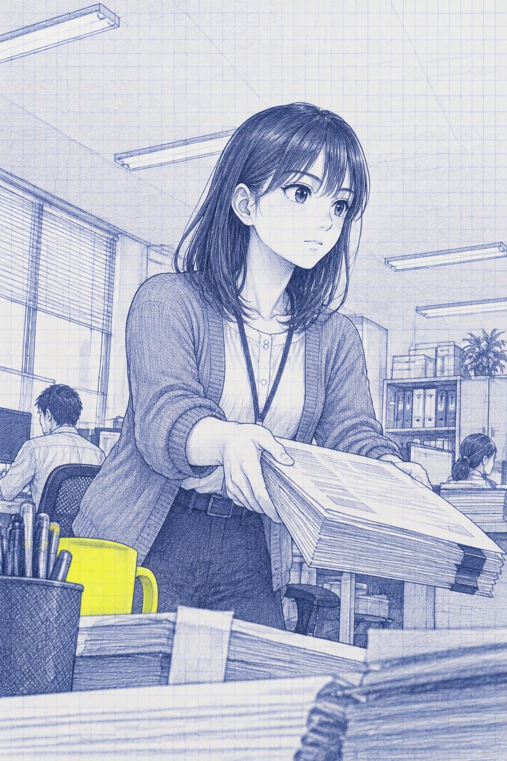 七瀬を机の高さから。立って、依頼の紙の束を両手で向かいの席へ差し出す。