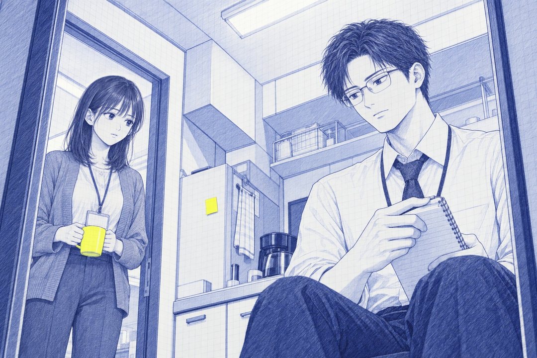 夜の給湯室。流し台の前に腰掛けた沖が、自分の方眼のメモ帳を手に、表紙の角の擦り切れた所を親指でなでている。入口に紙コップを持った七瀬が立つ。白い蛍光灯。