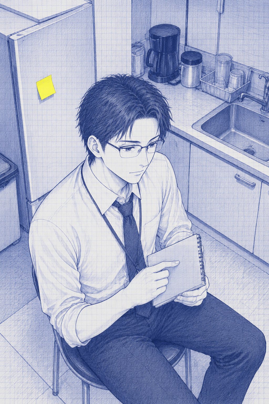 少し上から沖。夜の給湯室の椅子で、閉じたメモ帳を持つ手が止まる。