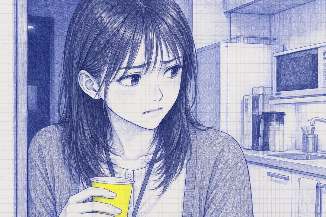 夜の給湯室の入口。七瀬の顔の寄り。紙コップを持ち、沖のメモ帳に目を落とす。