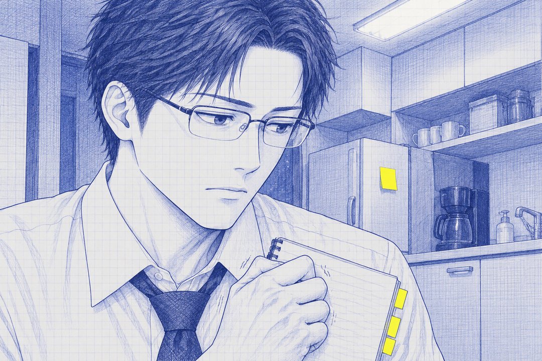 夜の給湯室。沖の顔の大写し。眼鏡の奥の目が七瀬からそれ、口を結んで黙る。メモ帳を持つ指に力が入る。白い蛍光灯。