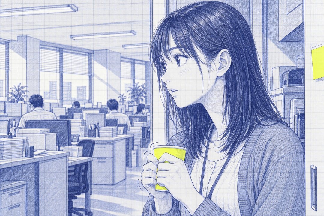 給湯室の戸口から営業部の島の方を振り返る七瀬の横顔の寄り。紙コップを握る指に力が入り、何かを思いついた目。