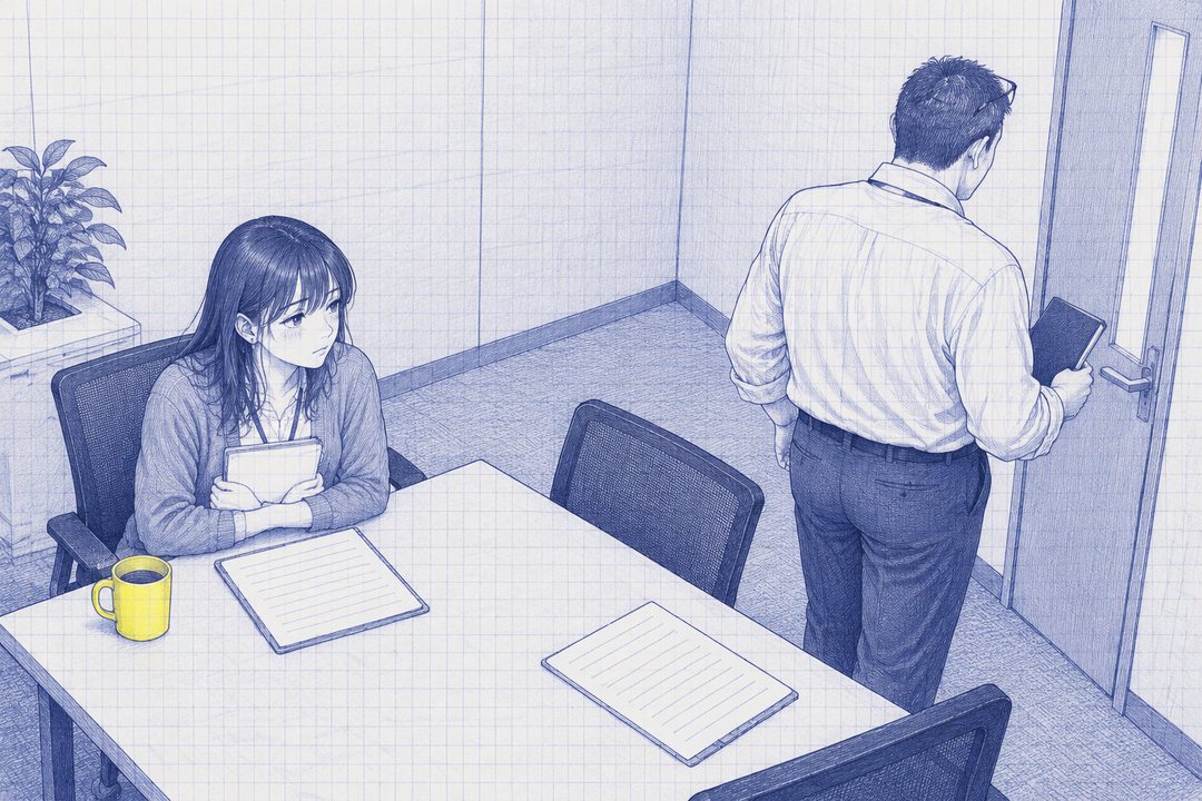 会議室の出口。課長が手帳を持って先に立ち、背を向けてドアを開ける。七瀬は座ったまま、メモ帳を胸に抱えて課長の背中を見る。