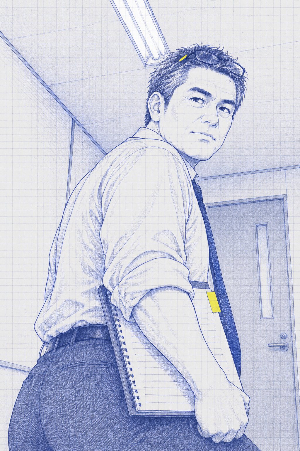 課長を少し下から。手帳を脇に挟み、ドアの前で肩越しに振り返る。