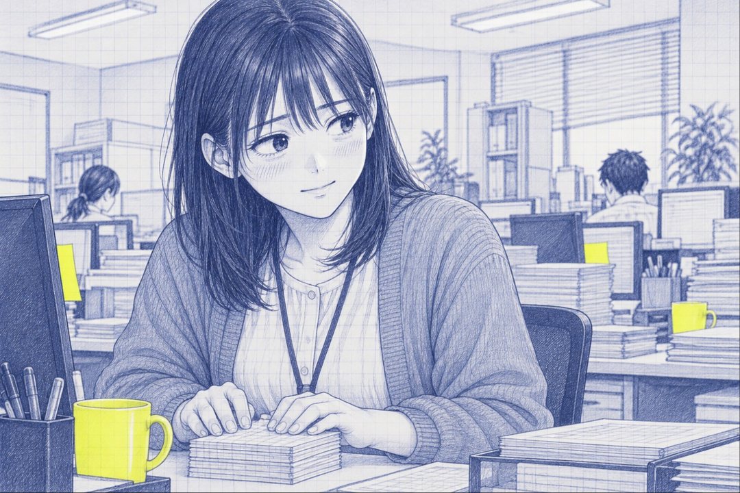七瀬の顔の寄り。依頼の紙の束を両手で押さえ、少し照れて江波を見る。夕方の白い光。