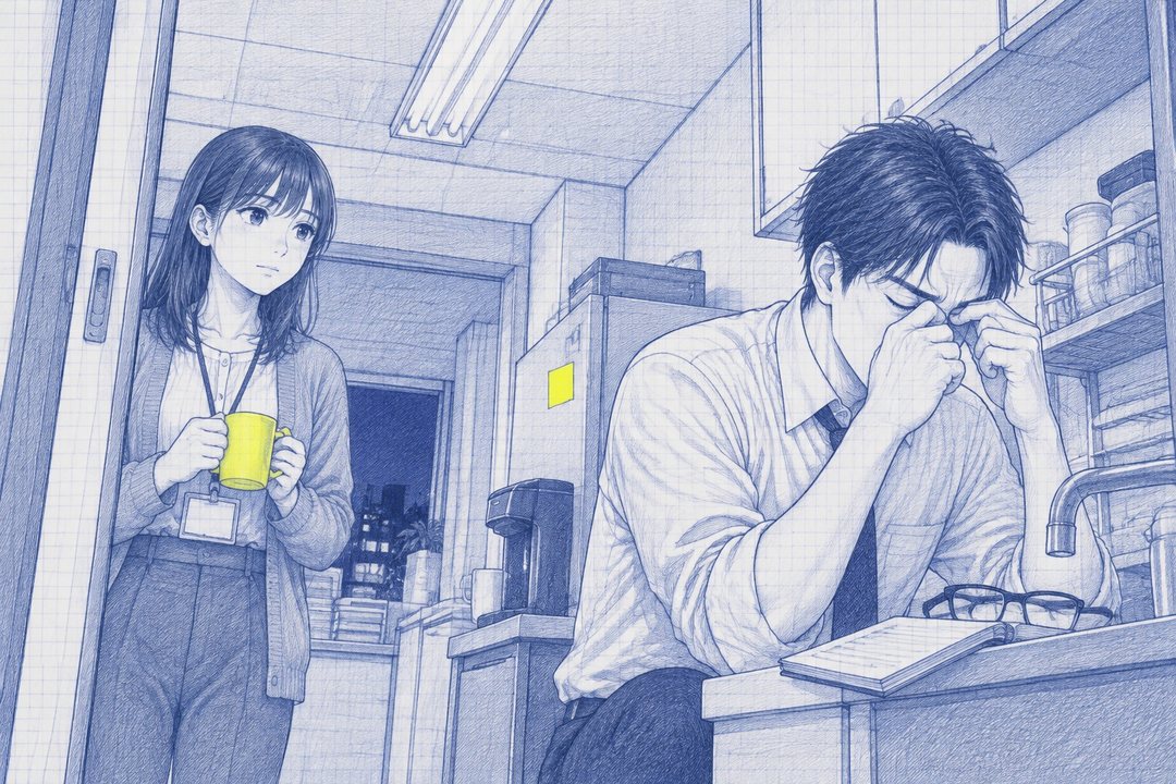 夜の給湯室。流し台の前で、沖が眼鏡を外し、指で目頭を押さえる。縁の方眼のメモ帳の上に眼鏡。入口で七瀬が黄色いカップを持ち、立ったまま待つ。白い蛍光灯。
