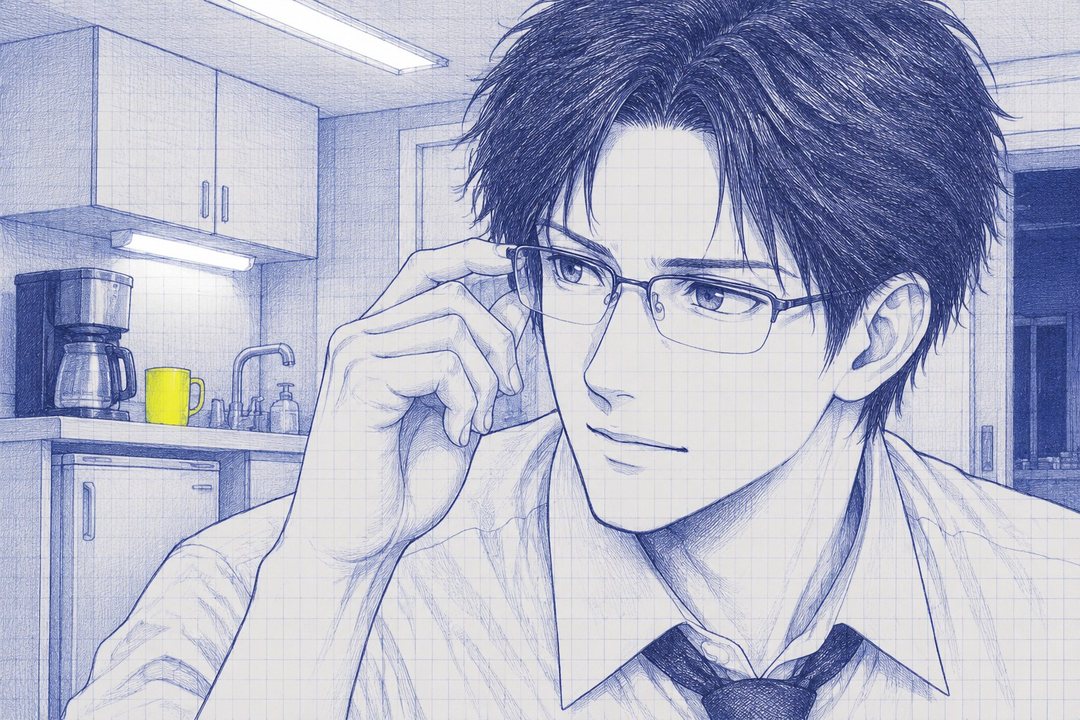 夜の給湯室。沖の顔の寄り。眼鏡のつるに指を掛け、口の端だけで小さく笑う。目は笑っていない。