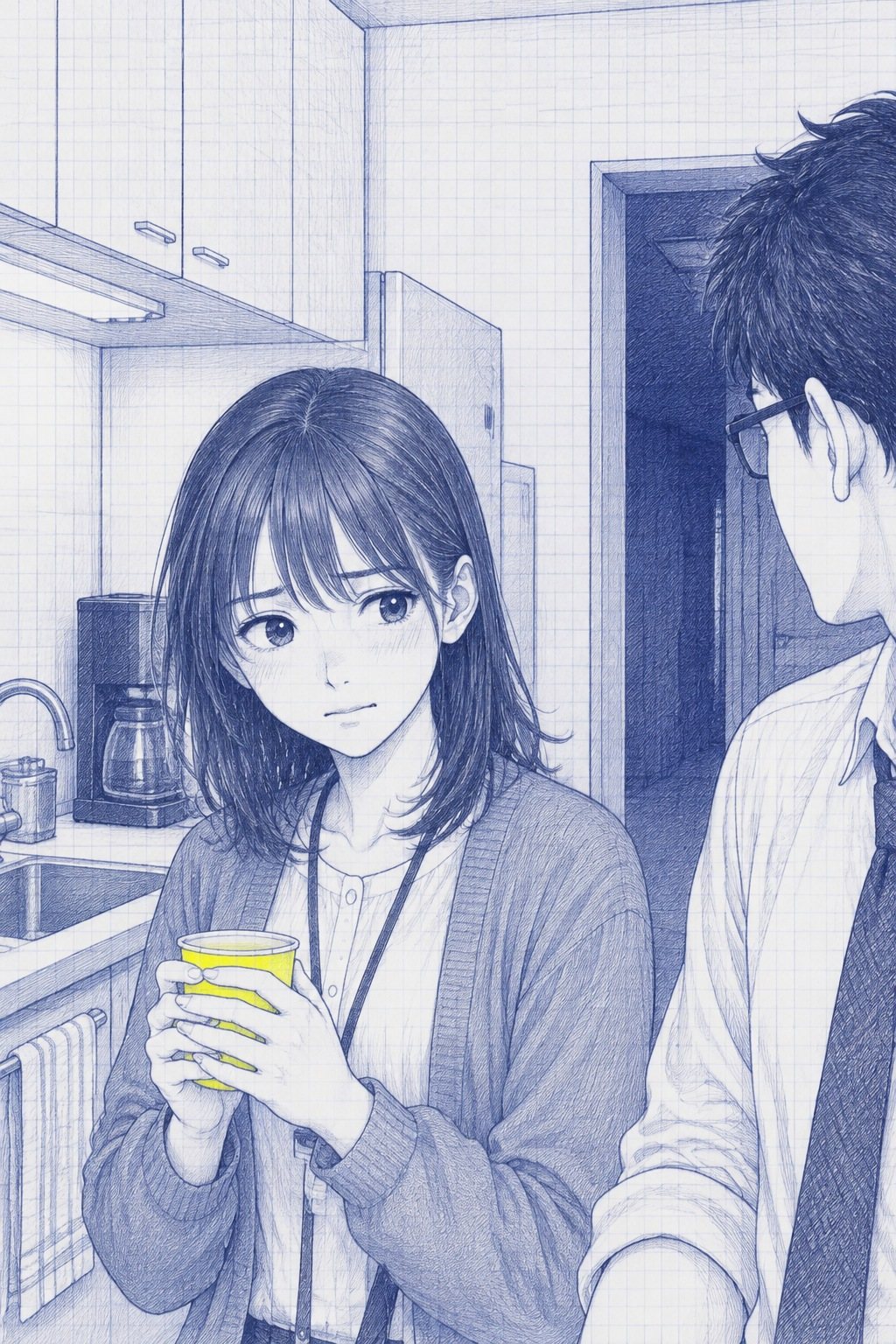 七瀬の胸から上。黄色いカップを両手で包み、横に立つ沖を見る。