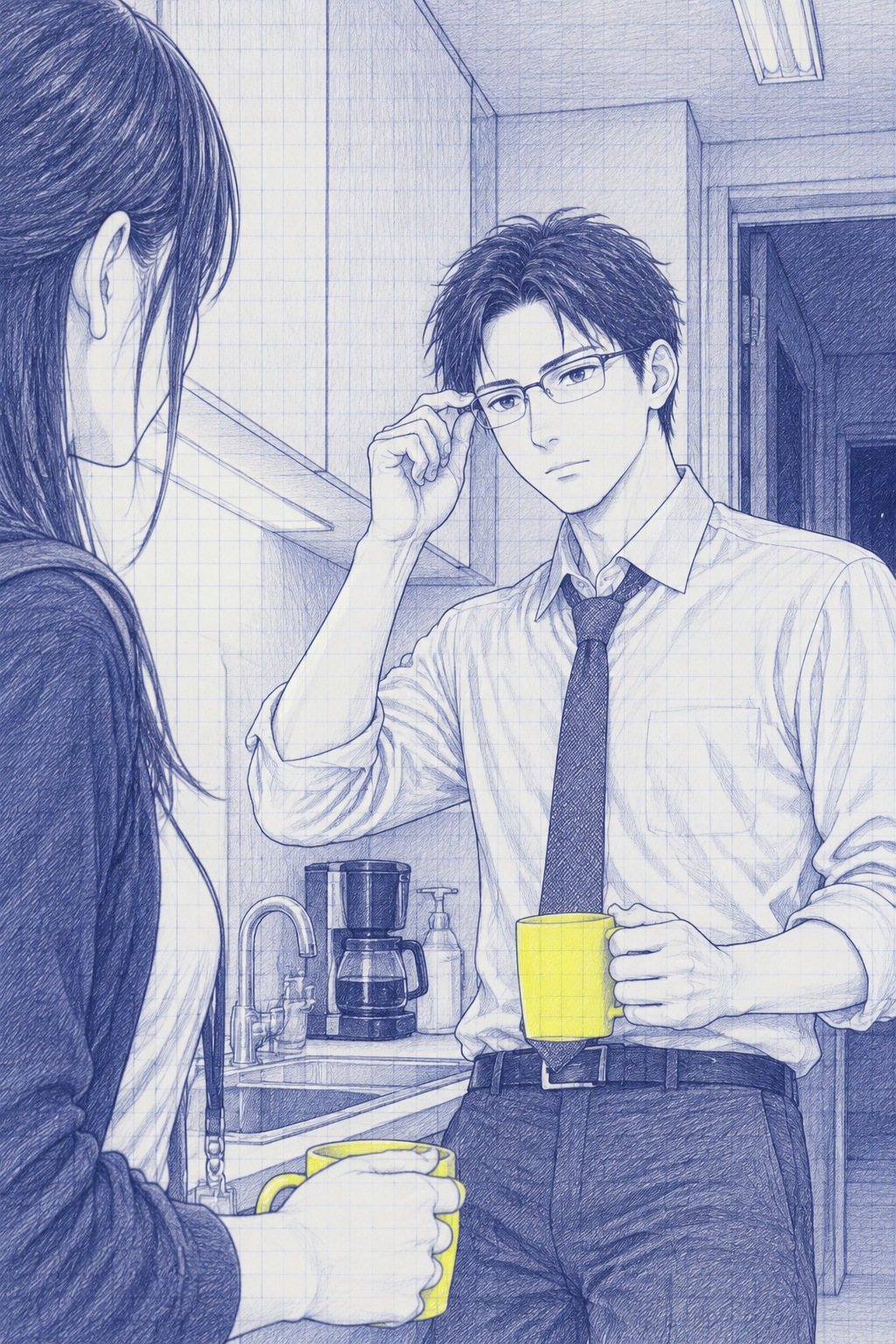 沖を少し下から。片手に黄色いカップを持ち、眼鏡をかけ直して、まっすぐ七瀬を見る。手前に七瀬の背中。