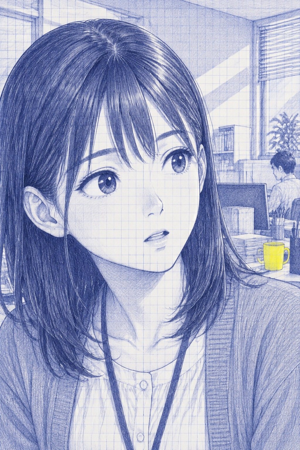 七瀬の顔の寄り。聞き返すように首をかしげる。朝の光。