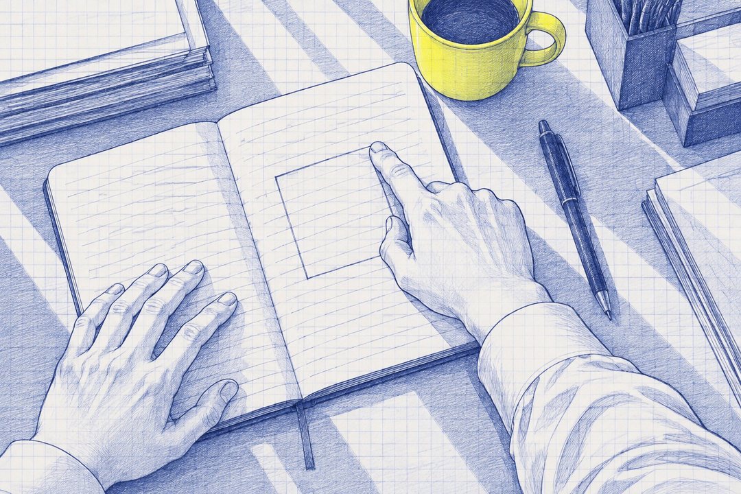 沖の手元の寄り。開いたメモ帳のページの四角い枠を、指でなぞる。朝の光の縞が机に落ちる。