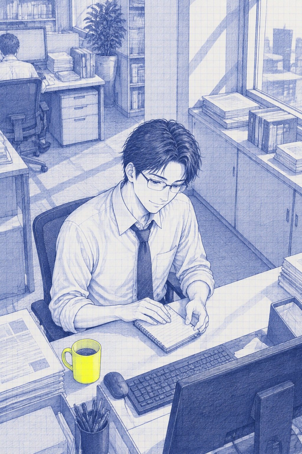 少し上から沖。自分の席で、メモ帳のページをそっと閉じて笑う。